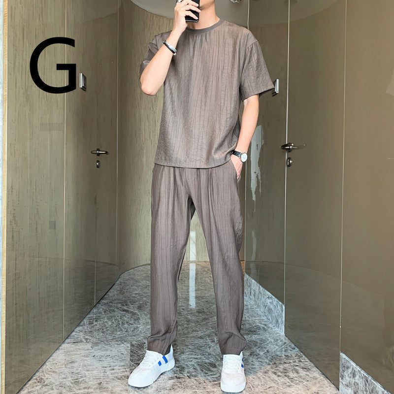 Men's Tide Brand Loose Ice Silk Short Sleeve T-shirt Young Boys Two-piece Set