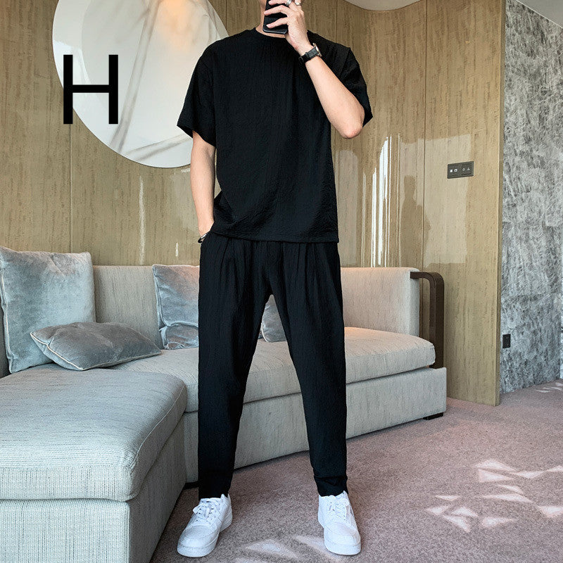 Men's Tide Brand Loose Ice Silk Short Sleeve T-shirt Young Boys Two-piece Set