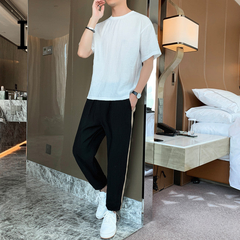 Men's Tide Brand Loose Ice Silk Short Sleeve T-shirt Young Boys Two-piece Set