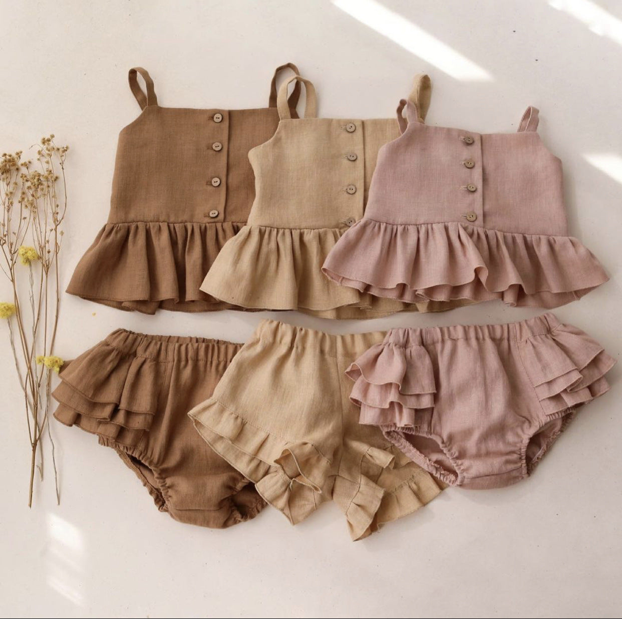 Girls Summer Baby Outfit – Cotton Sling Top with Four-Corner Ruffled Shorts Two-Piece Set for Infants