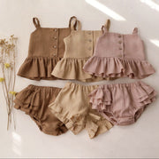 Girls Summer Baby Outfit – Cotton Sling Top with Four-Corner Ruffled Shorts Two-Piece Set for Infants