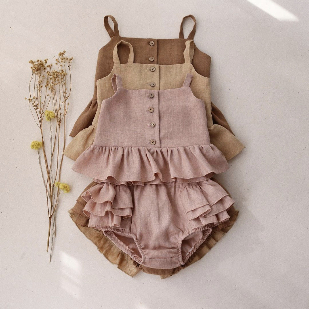 Girls Summer Baby Outfit – Cotton Sling Top with Four-Corner Ruffled Shorts Two-Piece Set for Infants