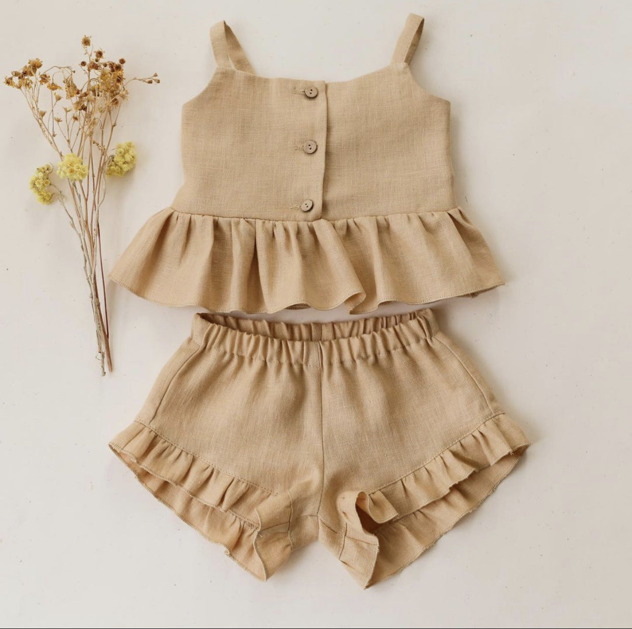 Girls Summer Baby Outfit – Cotton Sling Top with Four-Corner Ruffled Shorts Two-Piece Set for Infants