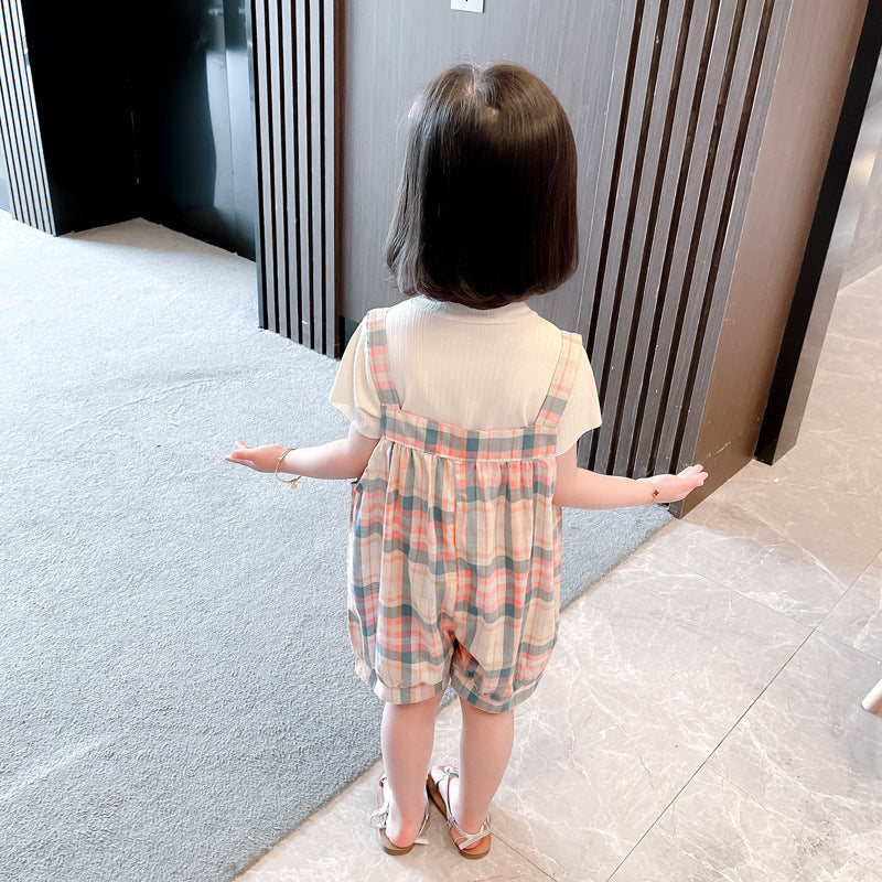 Girls Plaid Bib Suit Summer New Korean Style Two-piece Suit One Generation Woven Children's Clothing