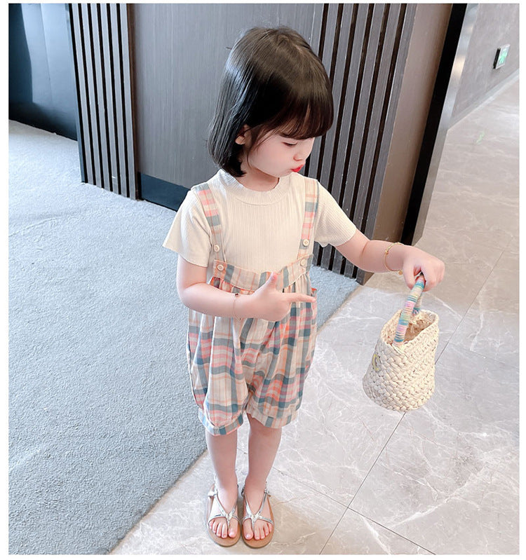 Girls Plaid Bib Suit Summer New Korean Style Two-piece Suit One Generation Woven Children's Clothing