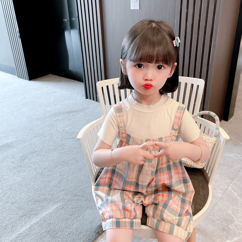 Girls Plaid Bib Suit Summer New Korean Style Two-piece Suit One Generation Woven Children's Clothing