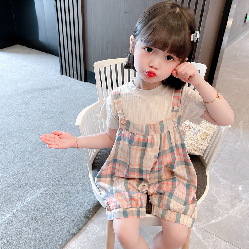 Girls Plaid Bib Suit Summer New Korean Style Two-piece Suit One Generation Woven Children's Clothing