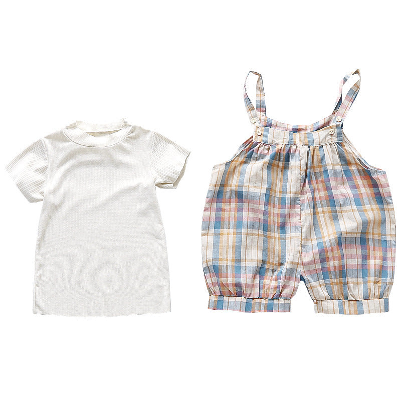 Girls Plaid Bib Suit Summer New Korean Style Two-piece Suit One Generation Woven Children's Clothing