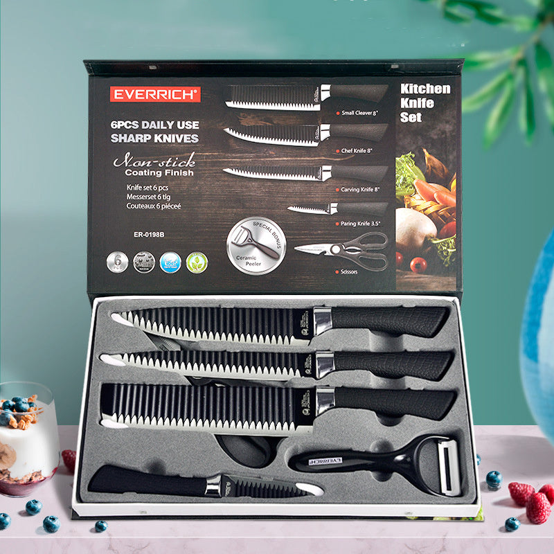 6-Piece Non-stick Kitchen Knife Set – Corrugated Blade Gift Set for Household Use