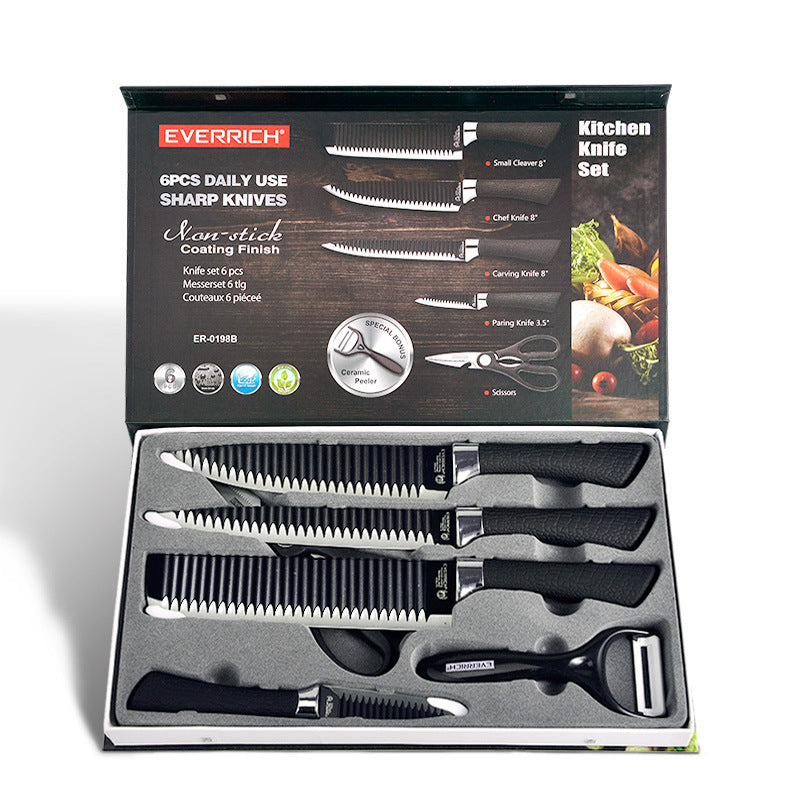 6-Piece Non-stick Kitchen Knife Set – Corrugated Blade Gift Set for Household Use