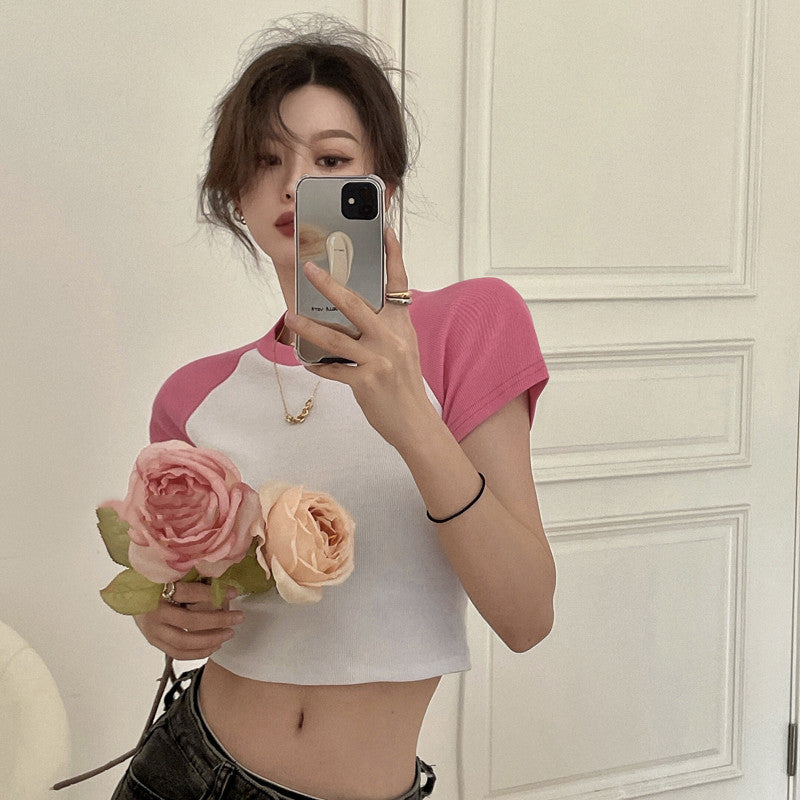 Short T-shirt Women''s Summer Korean Color Contrast Design Short