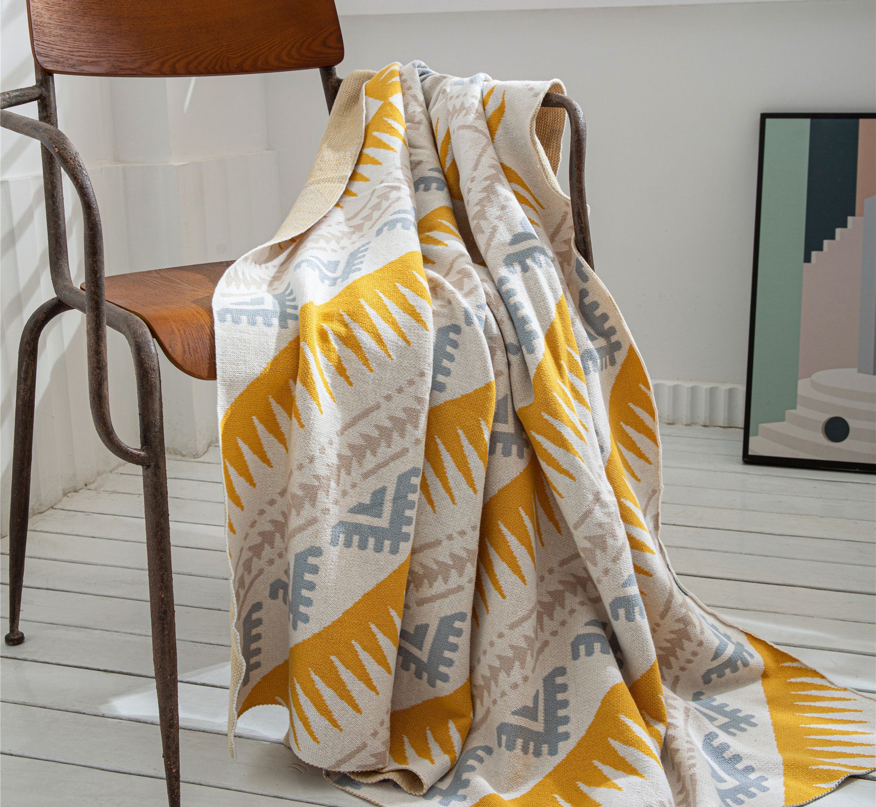 Nordic Style Yellow Geometric Pattern Knitted Cotton Home Blanket