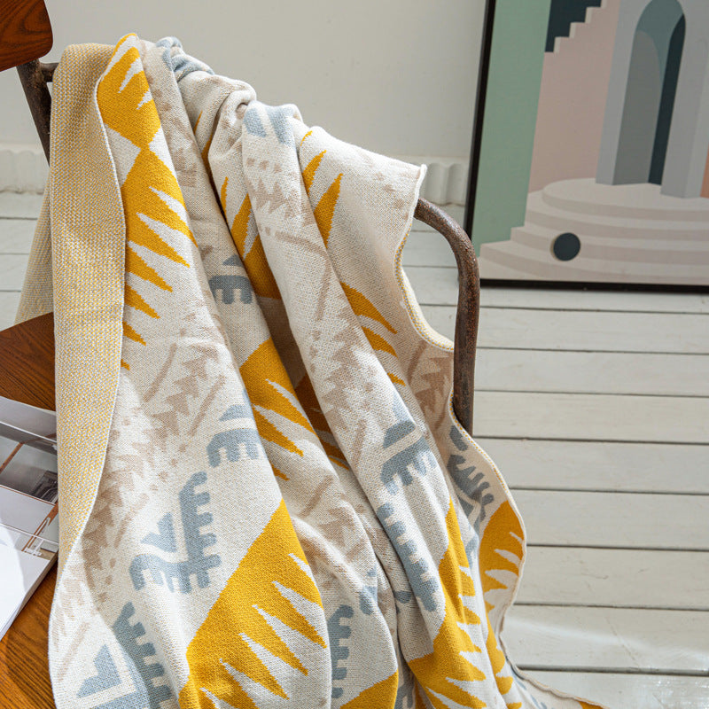 Nordic Style Yellow Geometric Pattern Knitted Cotton Home Blanket