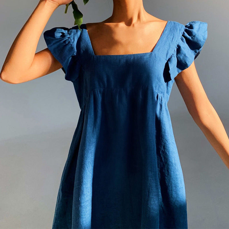 Casual Dress Women Yellow Skirt Loose Casual Ruffled Flying Sleeve Dress Chiffon Skirt