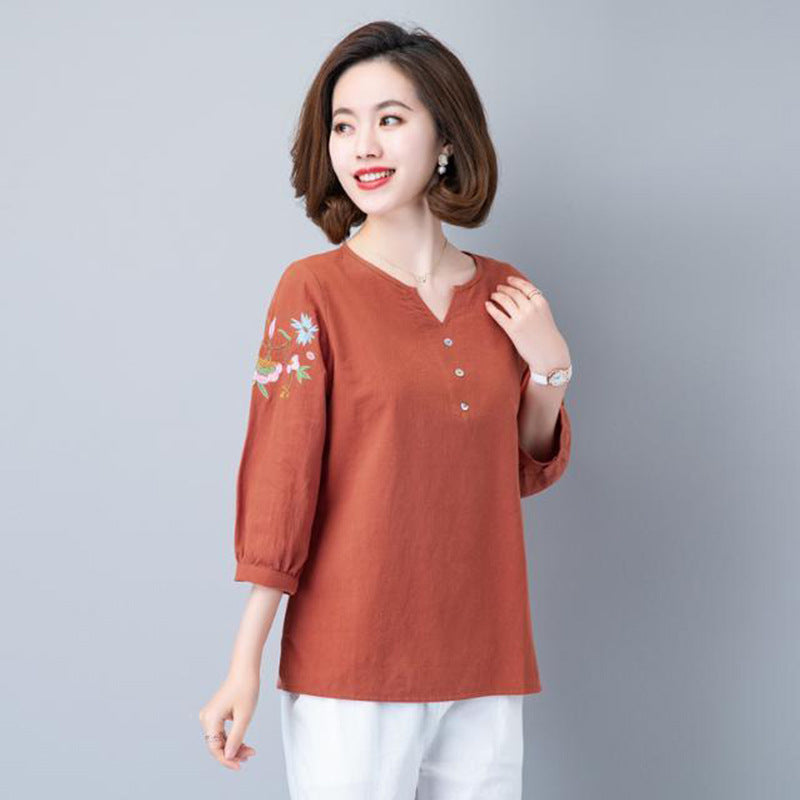 Cotton And Linen Three-quarter Sleeve T-shirt Women