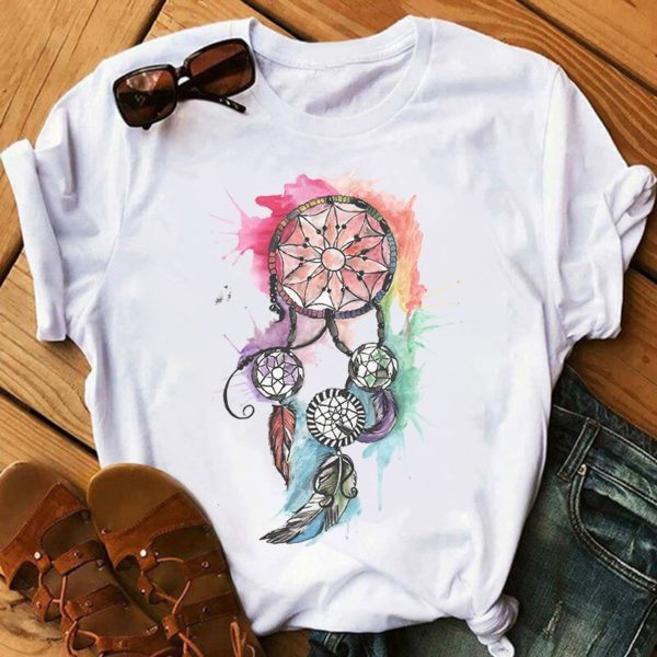 Feather Watercolor Print Womens Loose Polyester T Shirt