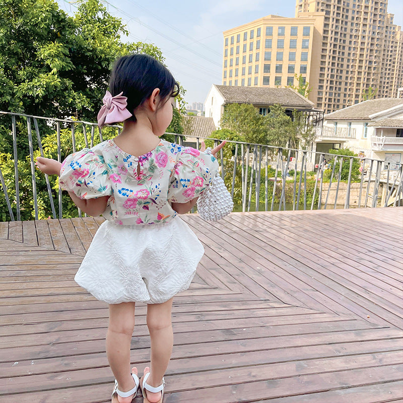 Summer New Korean Children's Clothing Girls Floral Shirt Suit