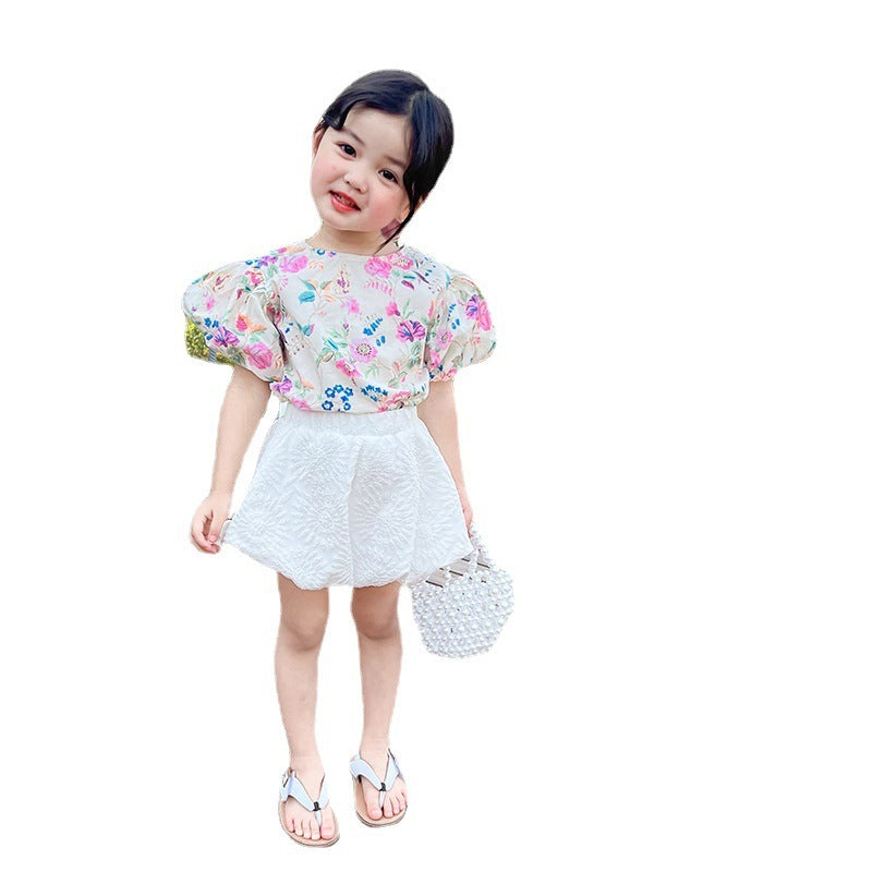 Summer New Korean Children's Clothing Girls Floral Shirt Suit