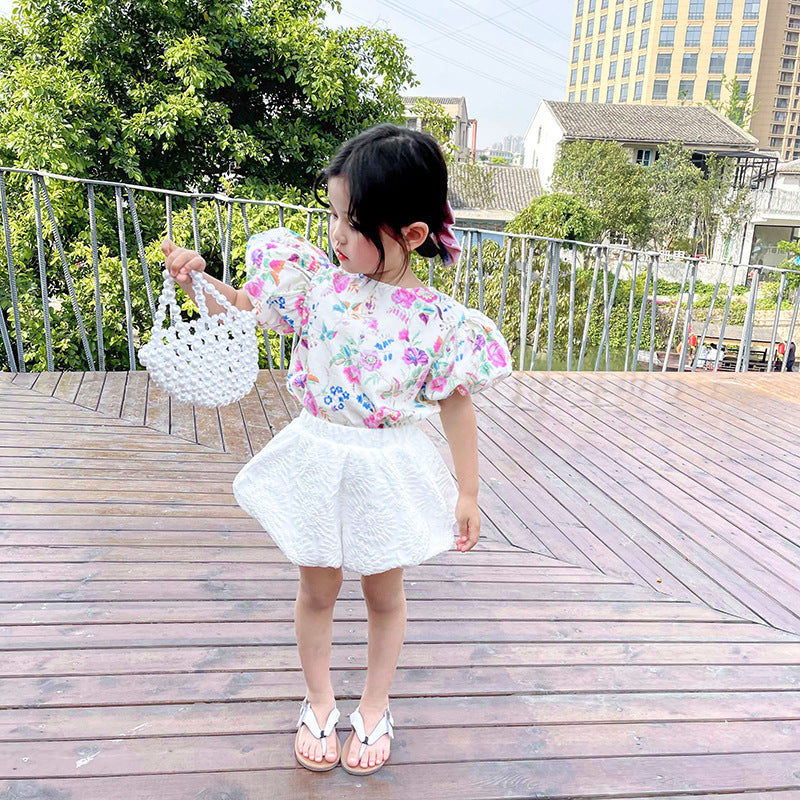 Summer New Korean Children's Clothing Girls Floral Shirt Suit
