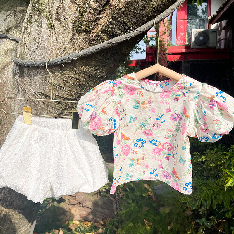 Summer New Korean Children's Clothing Girls Floral Shirt Suit