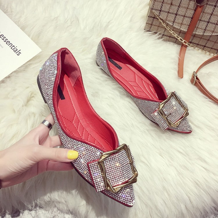 Womens Dorsay Crystal Ballet Flats Bling Pointed Toe PU
