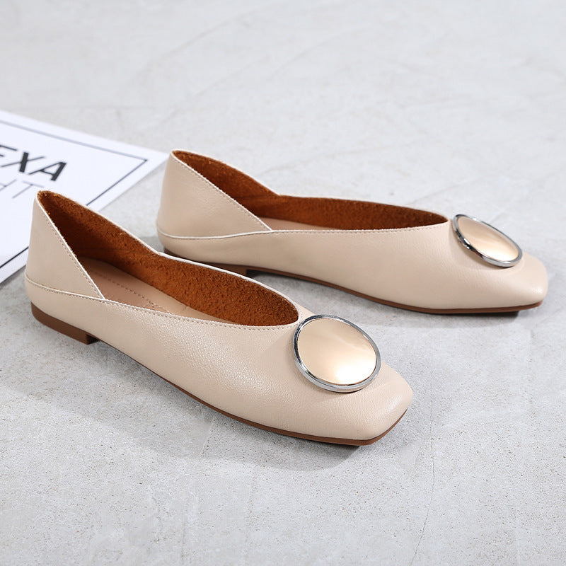 Womens Flats Shoes Ballet Vintage Genuine Leather Metal Circle