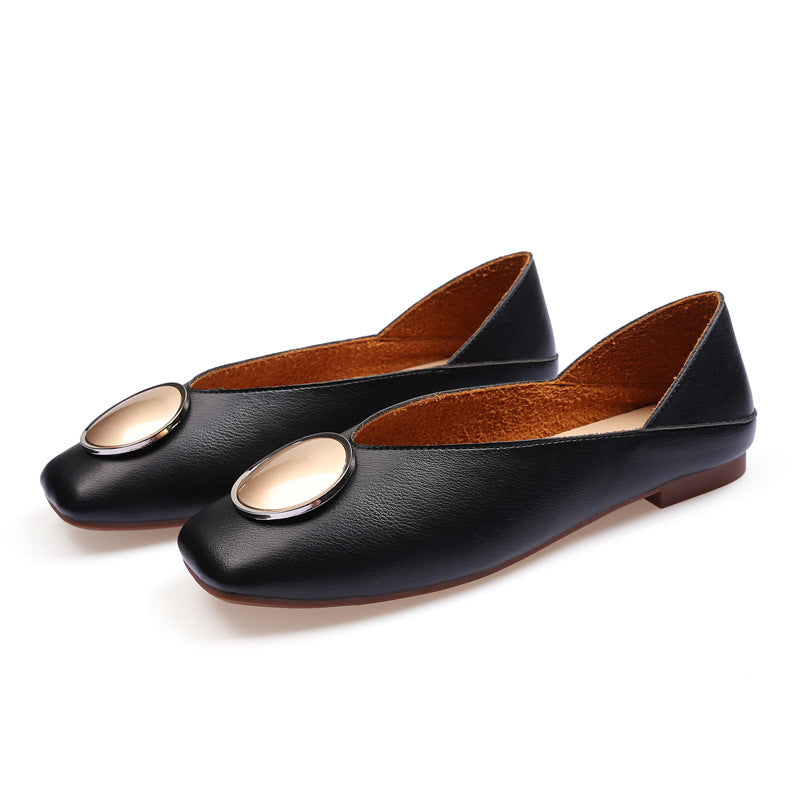 Women's Genuine Leather Ballet Flats Metal Circle Design