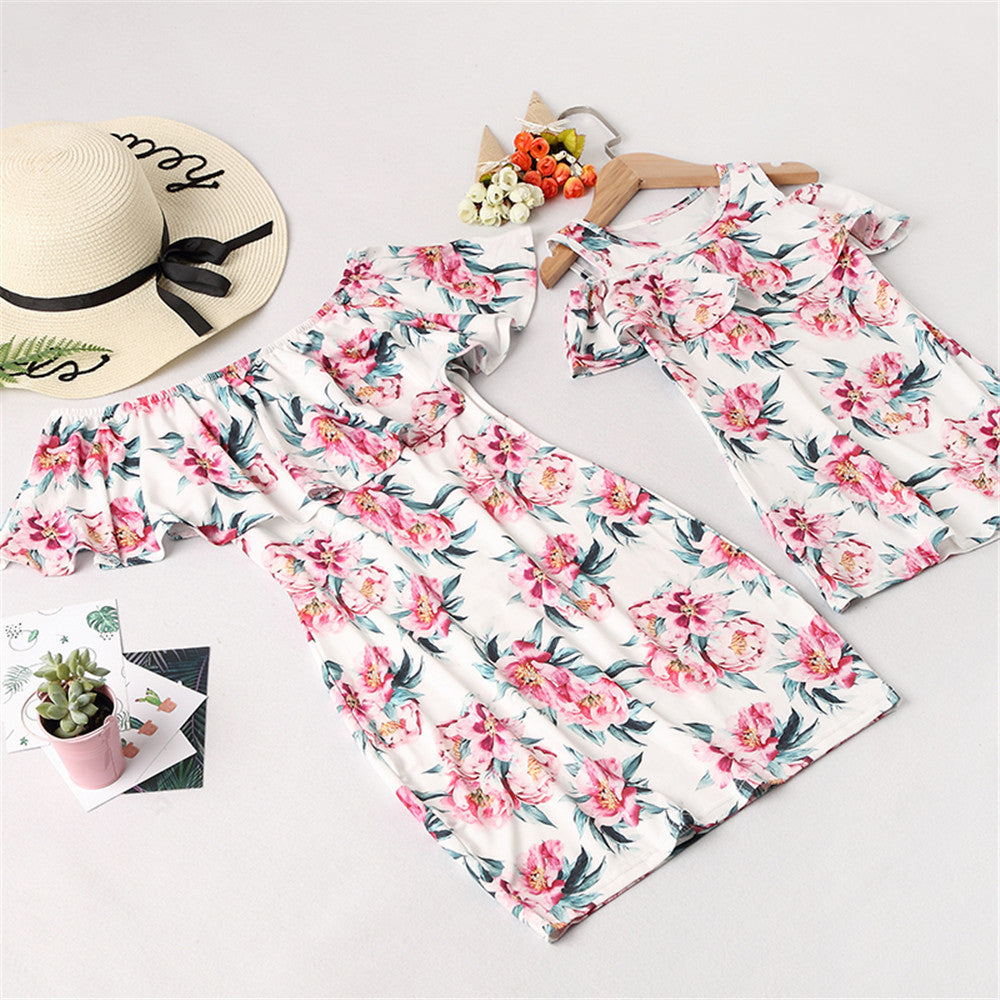 One-Shoulder Printed Ruffle Dress Parent-Child Wear