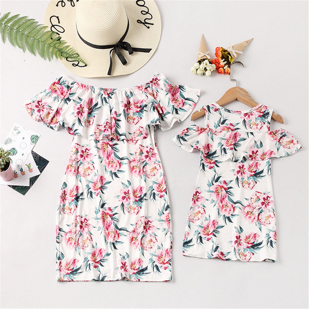 One-Shoulder Printed Ruffle Dress Parent-Child Wear