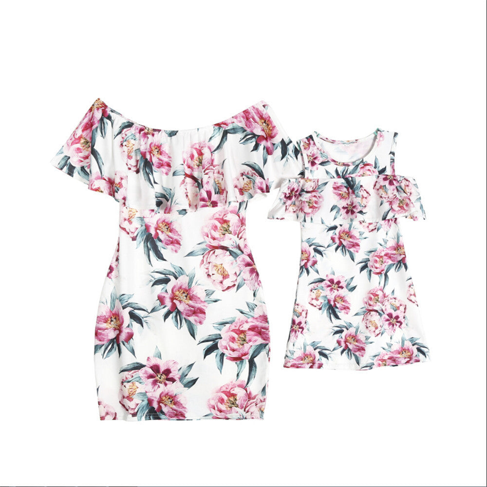 One-Shoulder Printed Ruffle Dress Parent-Child Wear