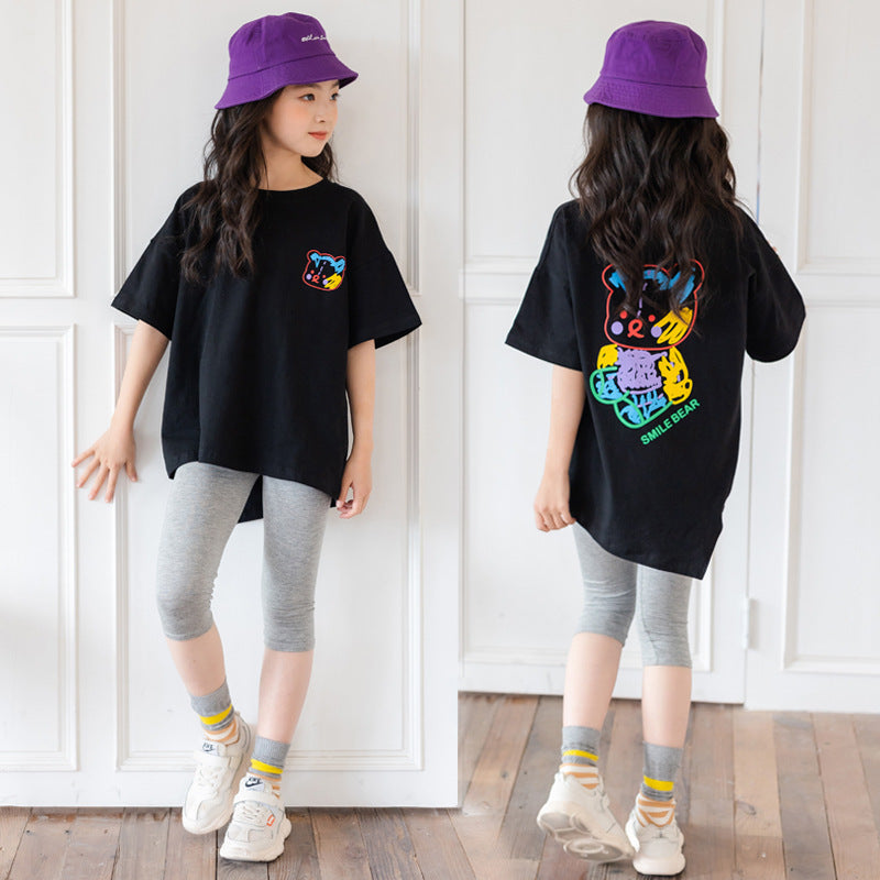 Girls Cartoon Irregular Top Short Sleeve Cotton Two Sets