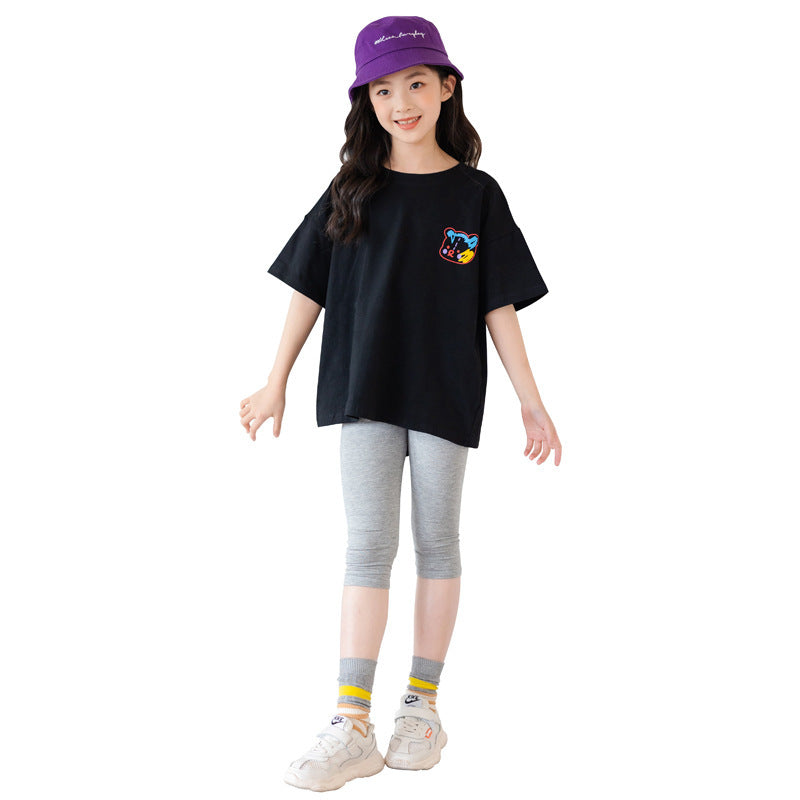 Girls Cartoon Irregular Top Short Sleeve Cotton Two Sets