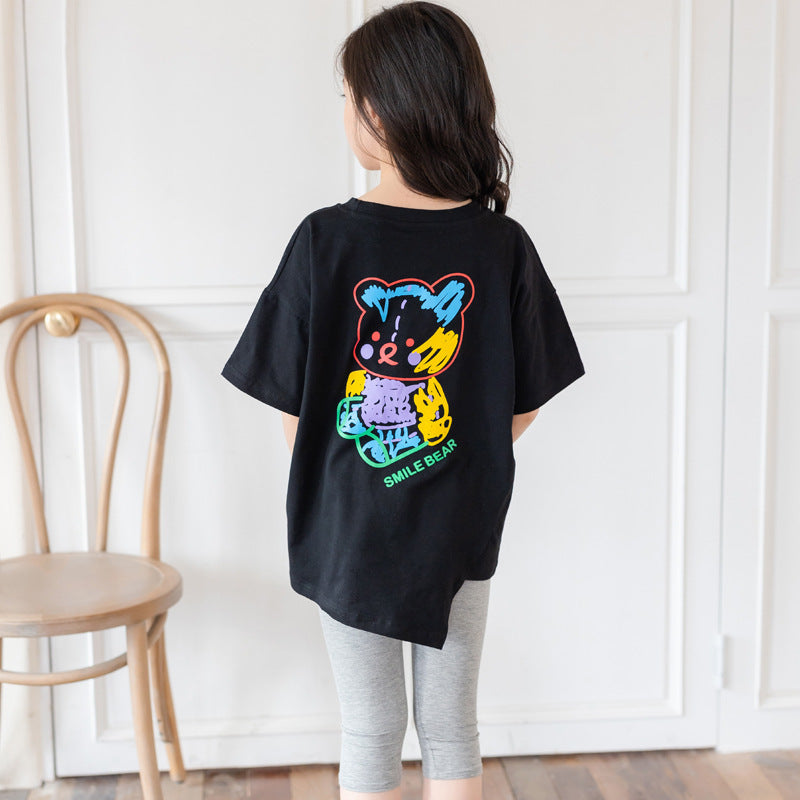 Girls Cartoon Irregular Top Short Sleeve Cotton Two Sets