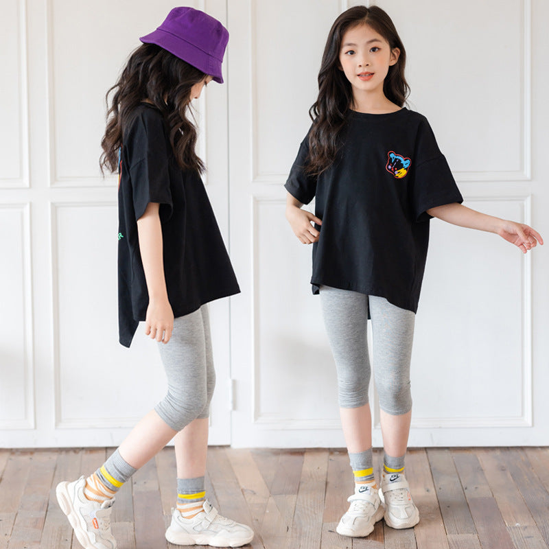 Girls Cartoon Irregular Top Short Sleeve Cotton Two Sets