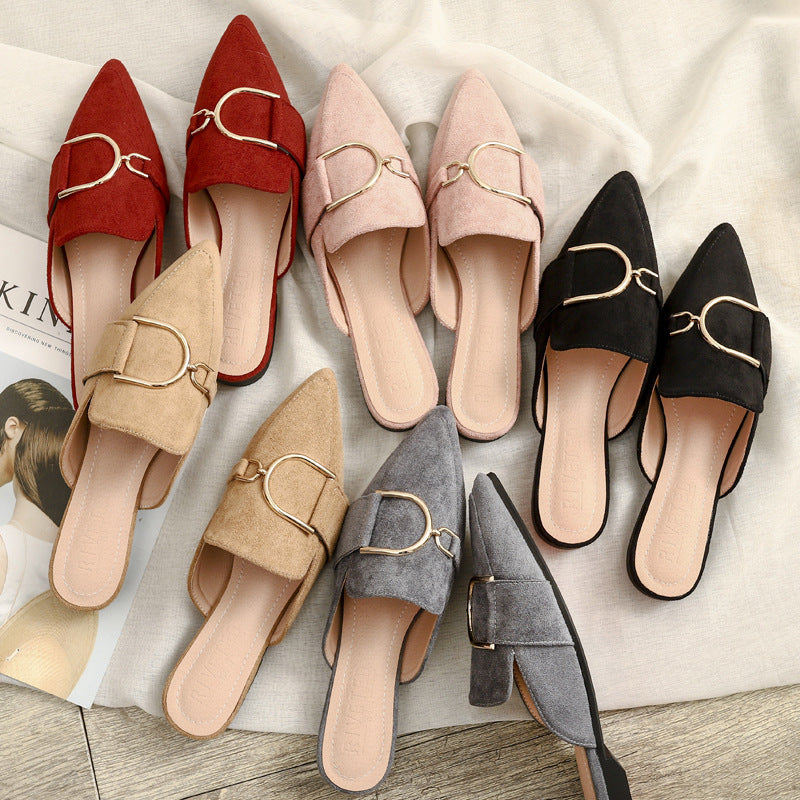 Women's Flat Mules With Metal Decor Suede Upper Regular Fit