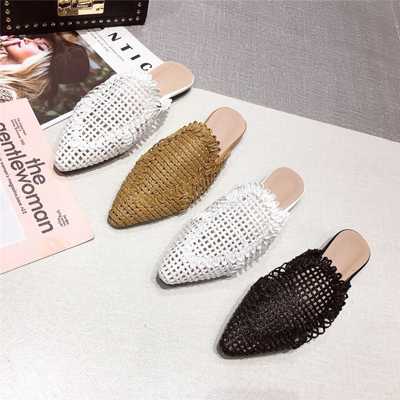 Womens Rattan Mules Flat Pointed Toe Plain Rubber Sole