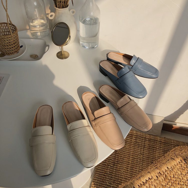 Womens PU Mules Slip On Flat Casual Loafers Plain Pattern