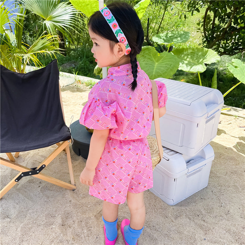 Female Baby Floral Suit Petal Buckle Hollow Jacquard Short-sleeved Shorts Two-piece Suit