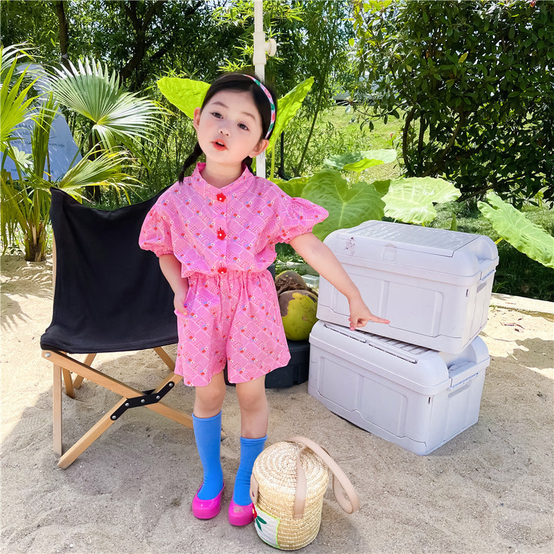 Female Baby Floral Suit Petal Buckle Hollow Jacquard Short-sleeved Shorts Two-piece Suit