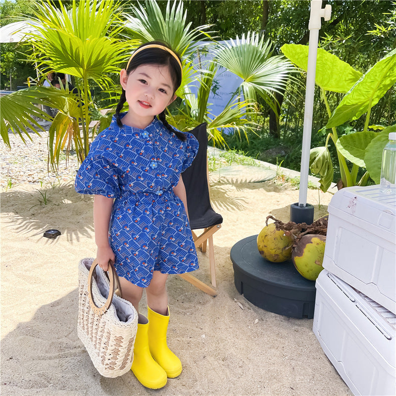 Female Baby Floral Suit Petal Buckle Hollow Jacquard Short-sleeved Shorts Two-piece Suit