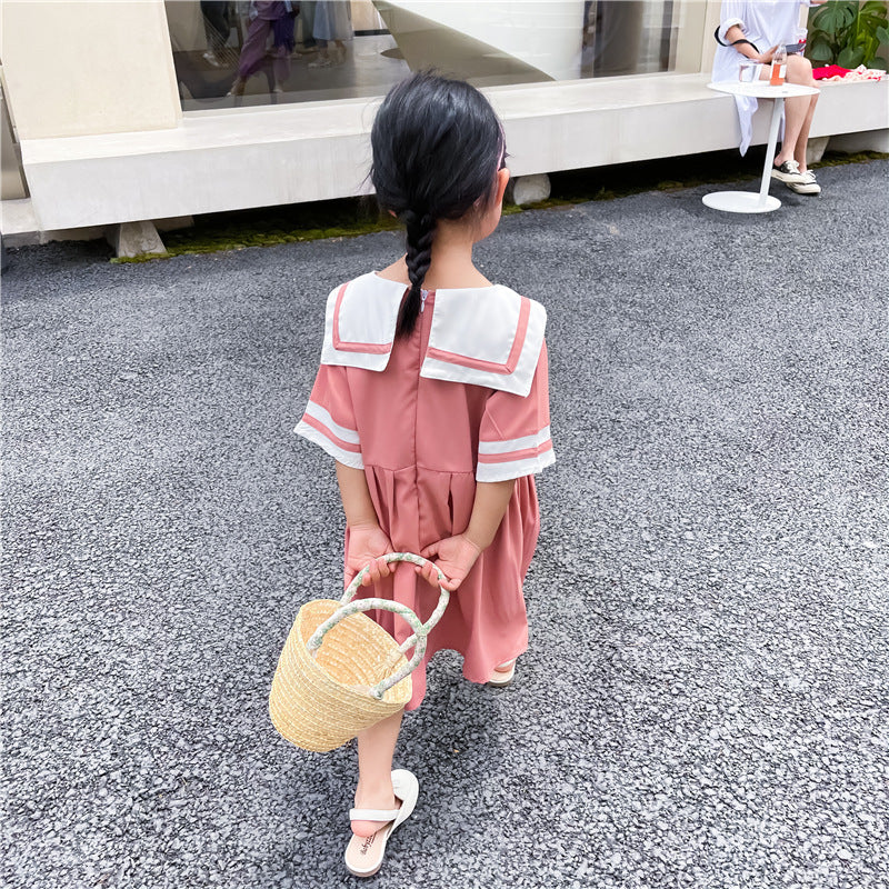 College Style Navy Big Lapel Bow Short Sleeve Dress Princess Dress