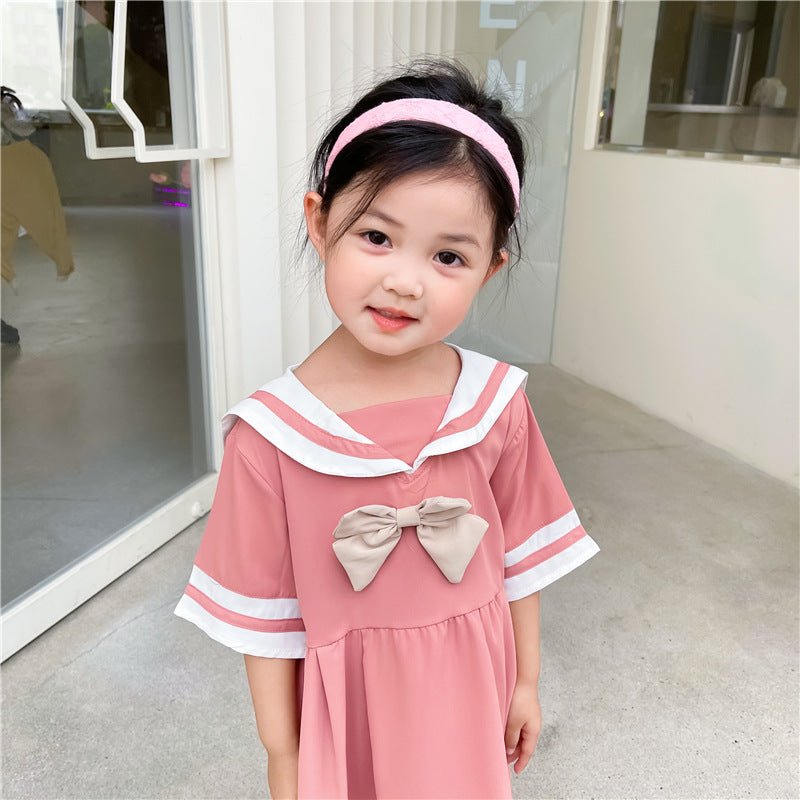 College Style Navy Big Lapel Bow Short Sleeve Dress Princess Dress
