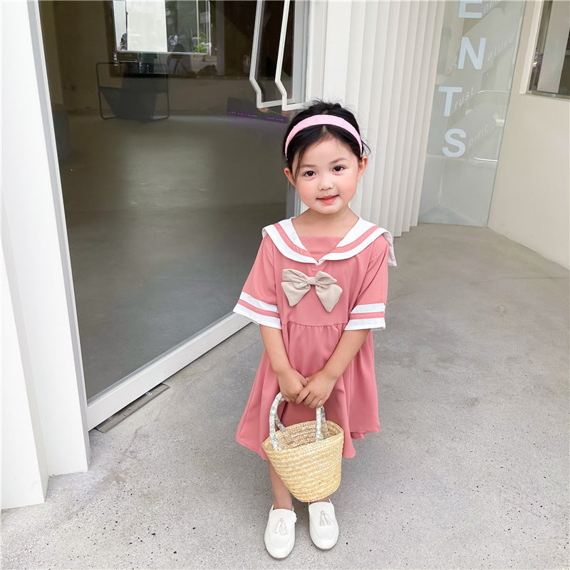 College Style Navy Big Lapel Bow Short Sleeve Dress Princess Dress
