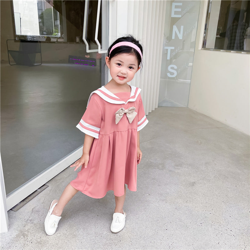 College Style Navy Big Lapel Bow Short Sleeve Dress Princess Dress