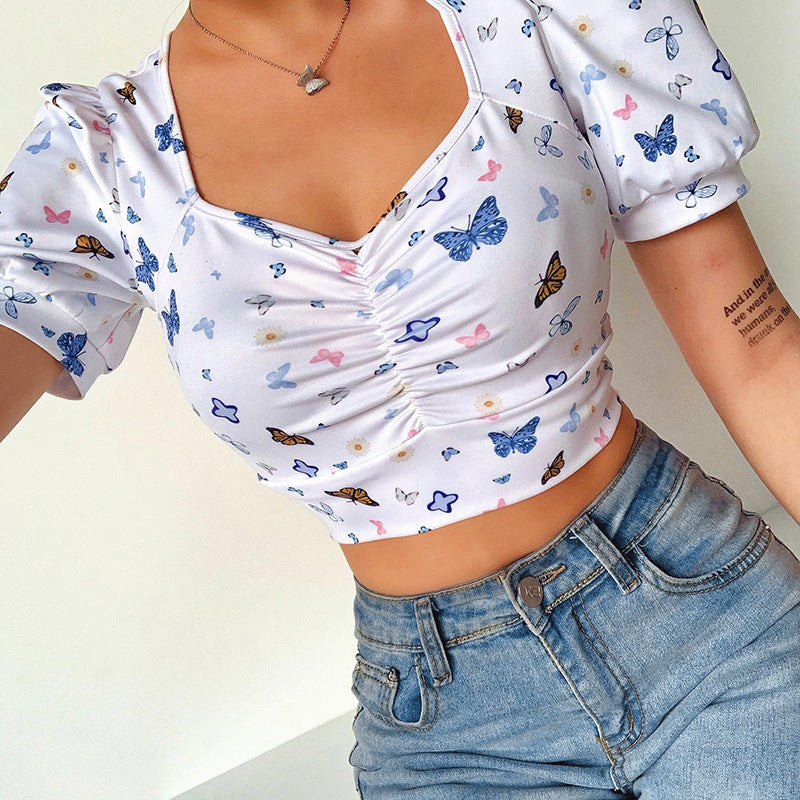 Women's Butterfly Print Puff Sleeve V Neck Cotton Tee