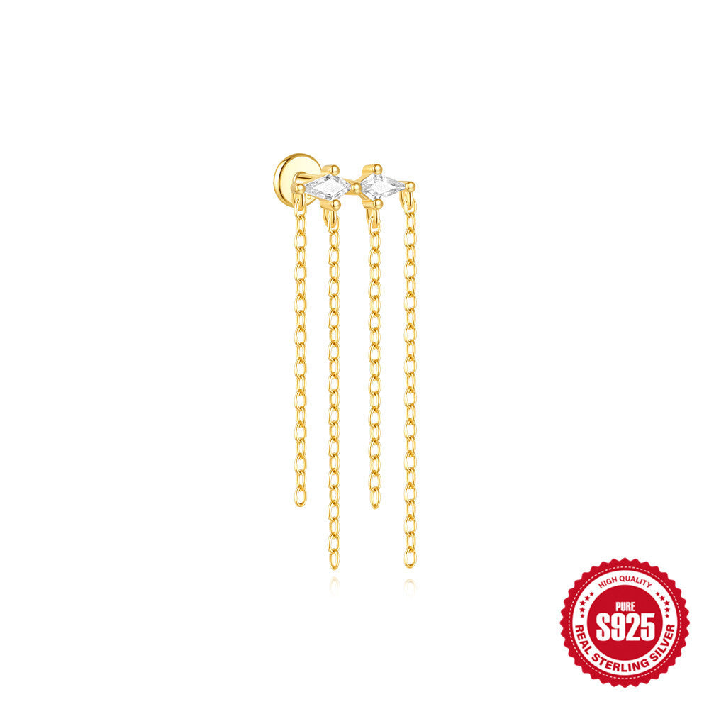 S925 Sterling Silver Geometric Kite Rhinestone-encrusted Chain Tassel Flat Head