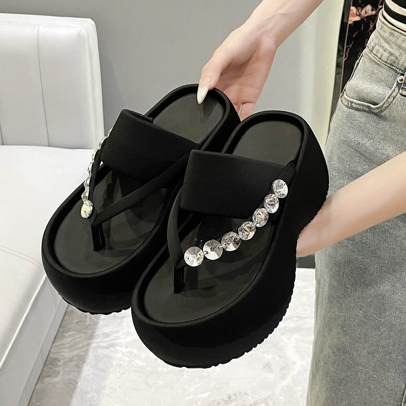 Women's Thick-soled Stylish Flip-flops Rhinestone Temperament Leisure Slippers