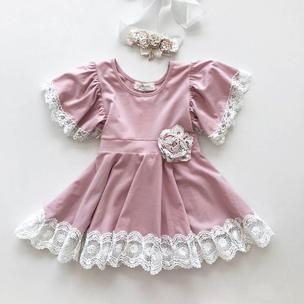 Girls Lace Dress Princess Cut Cotton Pink Party Dress
