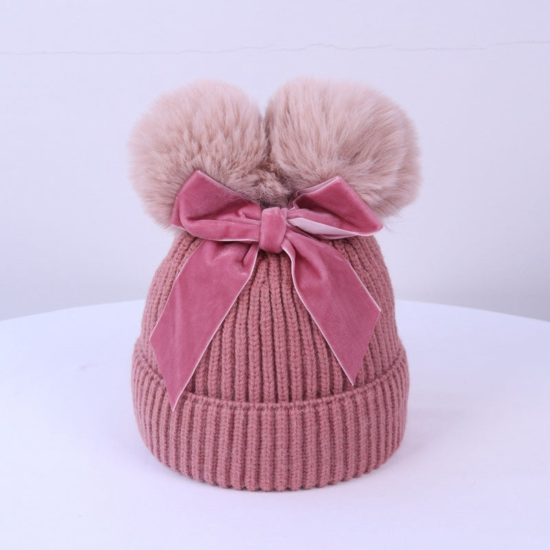 Double Ball Bow Knit Hat For Thick And Warm
