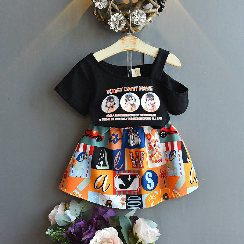 New Children's Clothing Letter Short Sleeve Print Casual Skirt Suit